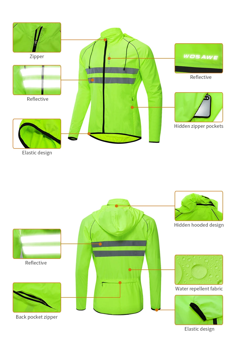 WOSAWE Men’s Packable Reflective Windproof Cycling Jacket